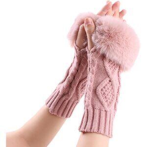 Women's Skin Pink Winter Arm Warmers Wrist Thumb Hole Faux Fur Fingerless Gloves
